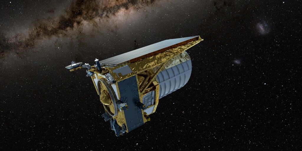Rendering of the Euclid telescope in front of a galaxy background. Credit: ESA