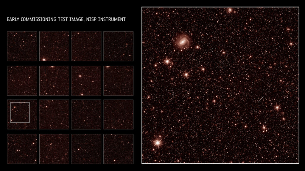 Euclid early commissioning test images, showing an image by the NISP instrument (near-infrared light). The full focal plane of NISP consisting of 16 detectors is shown on the left, part of one detector in higher resolution on the right. Credits: © ESA/Euclid/Euclid Consortium/NASA, CC BY-SA 3.0 IGO